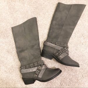 Gray bling leather boots
